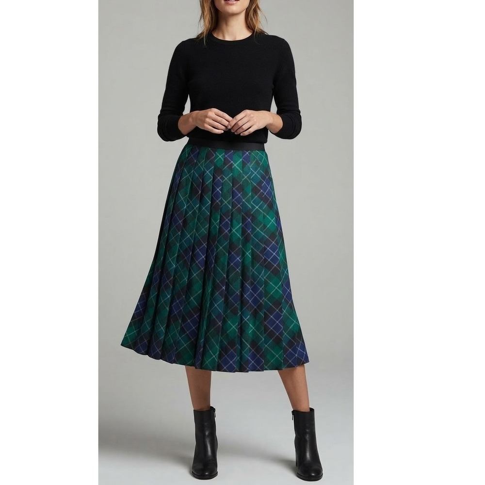Lands End Green Navy Plaid Pleated Midi Skirt 2 Preppy Dark Academia Schoolgirl